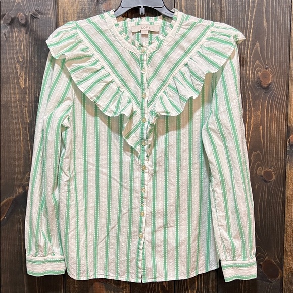 LOFT Boho Blouse M Green White Button Front Ruffle Office Career Striped Dressy - Picture 1 of 13